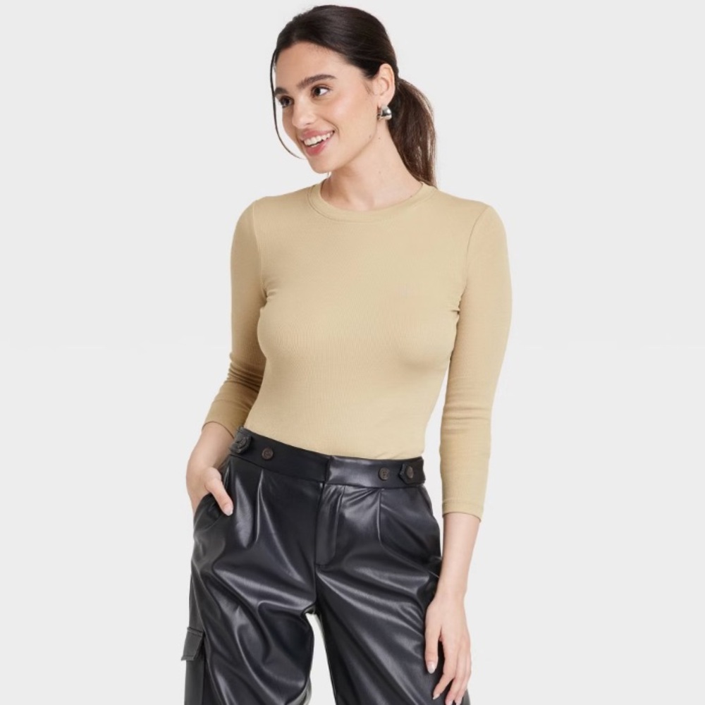 New! Women's Long Sleeve Slim Fit Crewneck T- Shirt - A New Day™ Tan XL